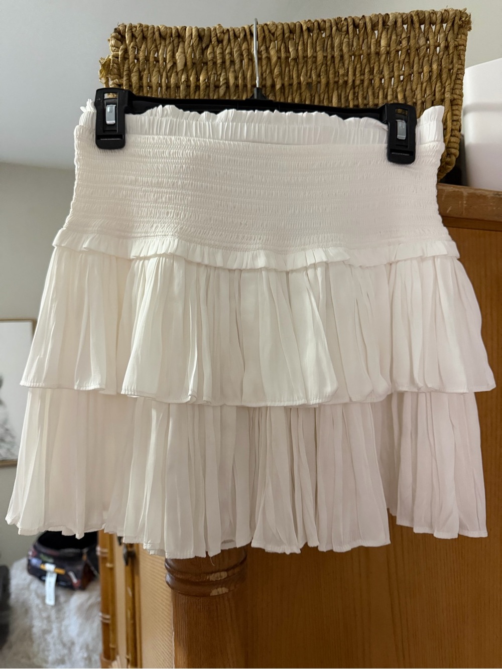 Smocked Waist White Tiered Ruffle Mini Skirt